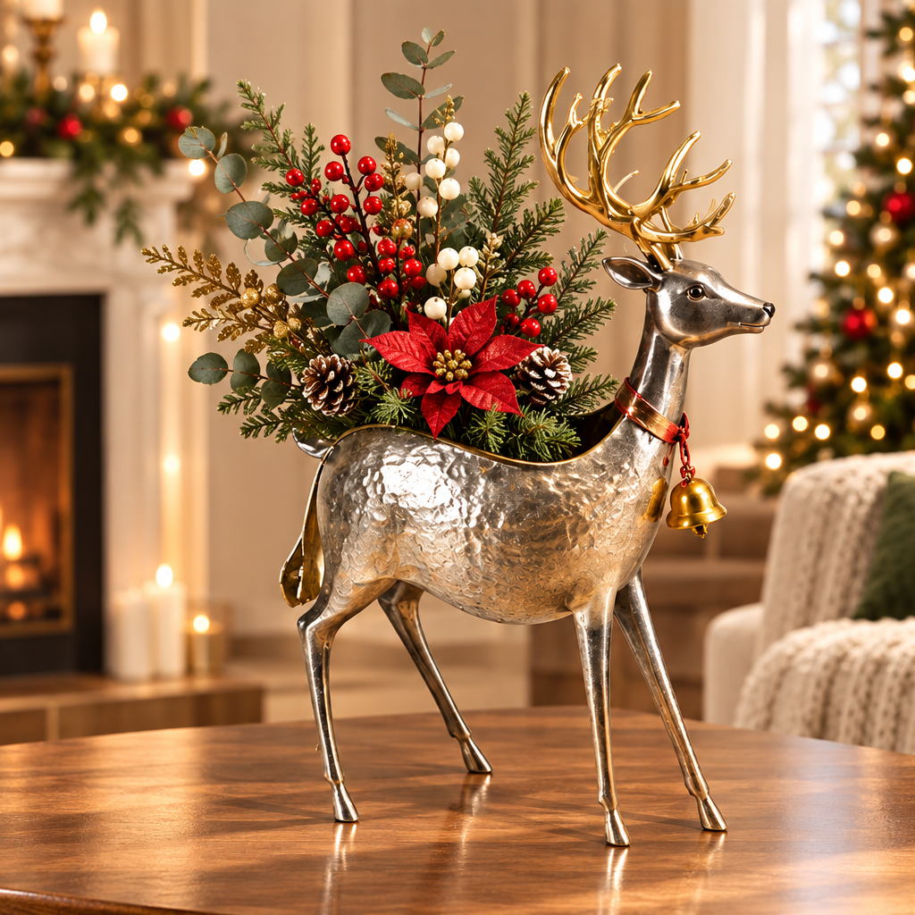 LUMIDED® Christmas reindeer planter centerpiece beside fireplace with candles, brings warmth and joy to your home