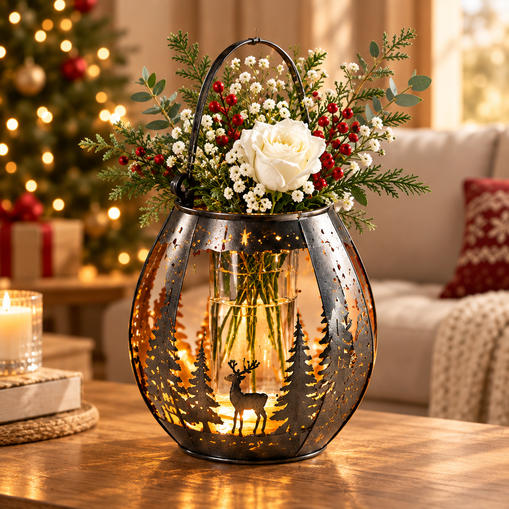 A Festive Centerpiece — LUMIDED® deer lantern vase overhead view with full white rose, red berry and greenery arrangement, brings warmth, beauty and joy to holiday table