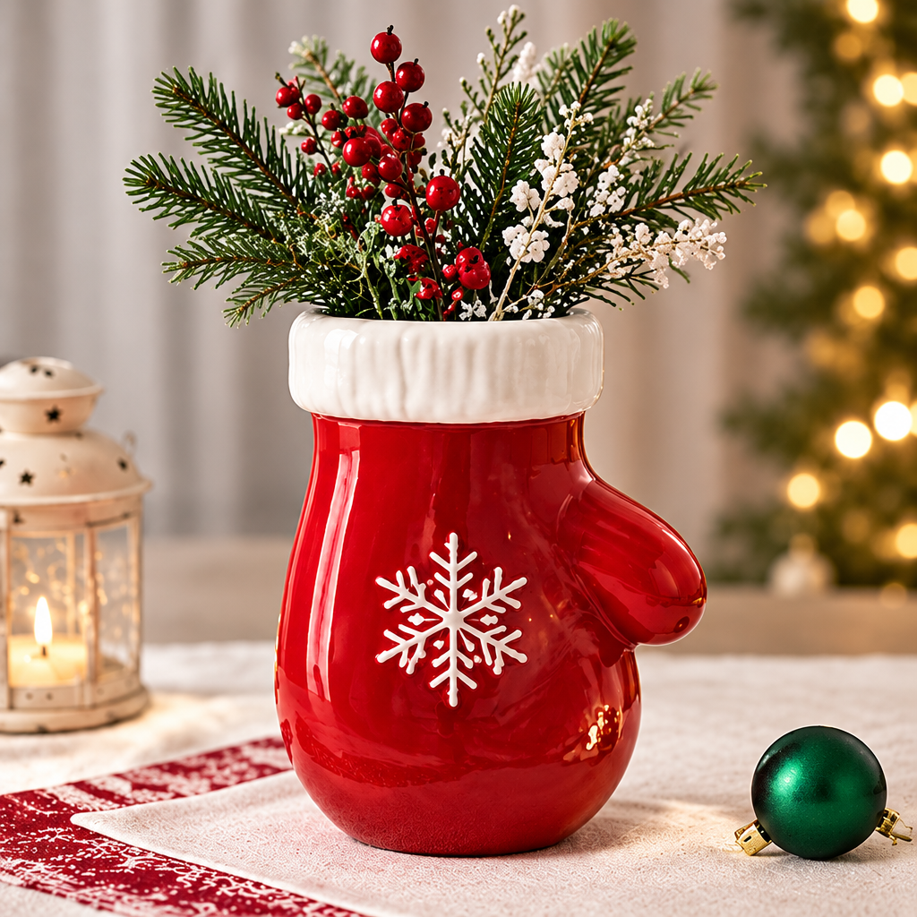 LUMIDED® Christmas mitten ceramic vase full product view on white festive table runner with green Christmas ornament, filled with red berry stems, pine sprigs and white wax flowers, lantern and Christmas tree background