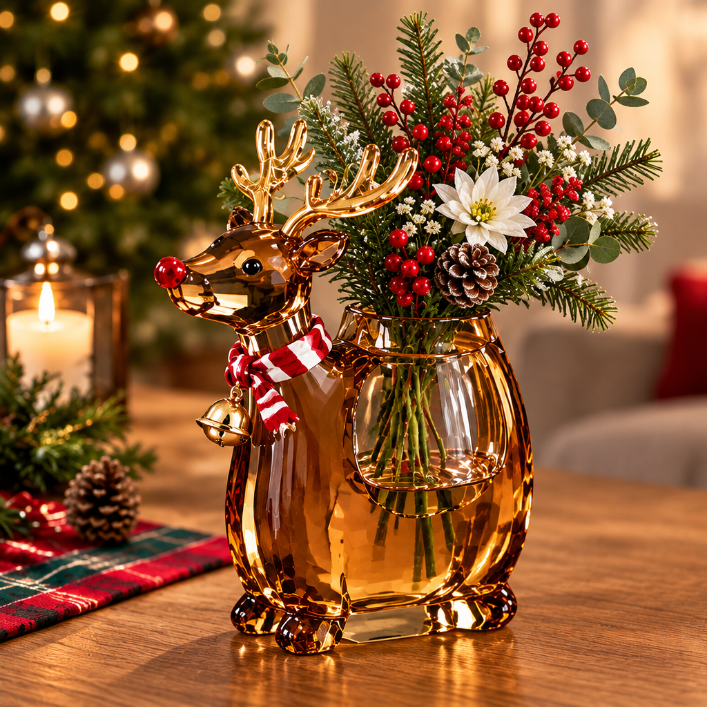 LUMIDED® Rudolph reindeer Christmas vase full product view on wooden table with plaid runner, amber resin deer figure hugging round vase body, filled with festive botanical arrangement