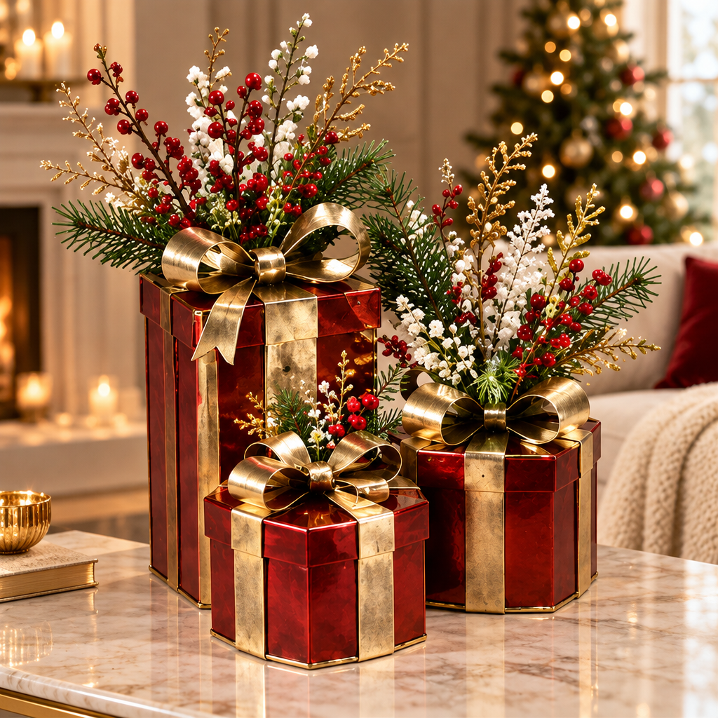 Beautiful From Every Angle — LUMIDED® Christmas gift box planter overhead view with lush red berries, white blooms and pine, a stunning centerpiece for holiday decor