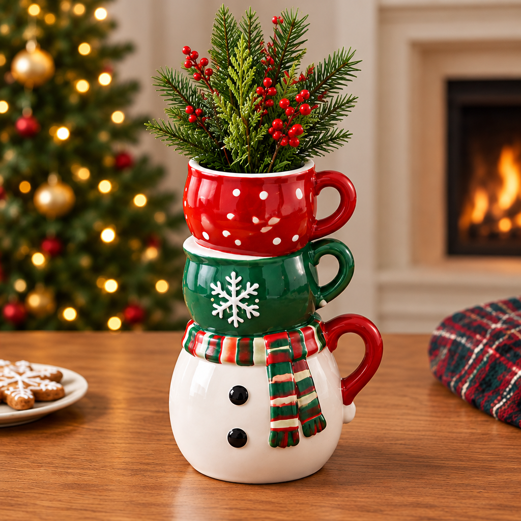 LUMIDED® snowman stacked mugs Christmas ceramic vase full product view on wooden table with Christmas tree and fireplace background, red polka dot top mug filled with cedar and red berries, green snowflake mug and white snowman base with scarf and button detail, gingerbread cookies and plaid blanket beside