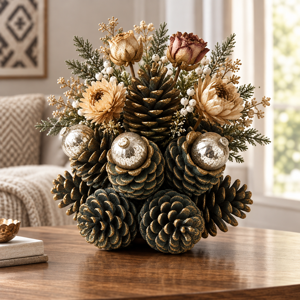 LUMIDED® pine cone ball Christmas centerpiece full product view in bright natural light, showing gold-dusted pine cones, cream florals, white berry clusters and silver mercury ball ornaments