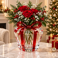 LUMIDED® crystal gift box Christmas vase full product view on marble table with red rose and festive botanical arrangement, fireplace and Christmas tree in background