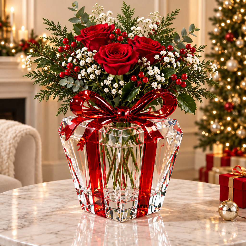 LUMIDED® crystal gift box Christmas vase full product view on marble table with red rose and festive botanical arrangement, fireplace and Christmas tree in background