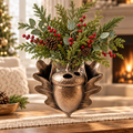 LUMIDED® acorn oak leaf Christmas vase full product view on table runner with fireplace background, filled with cedar sprigs, red holly berries and pine cones in woodland holiday arrangement