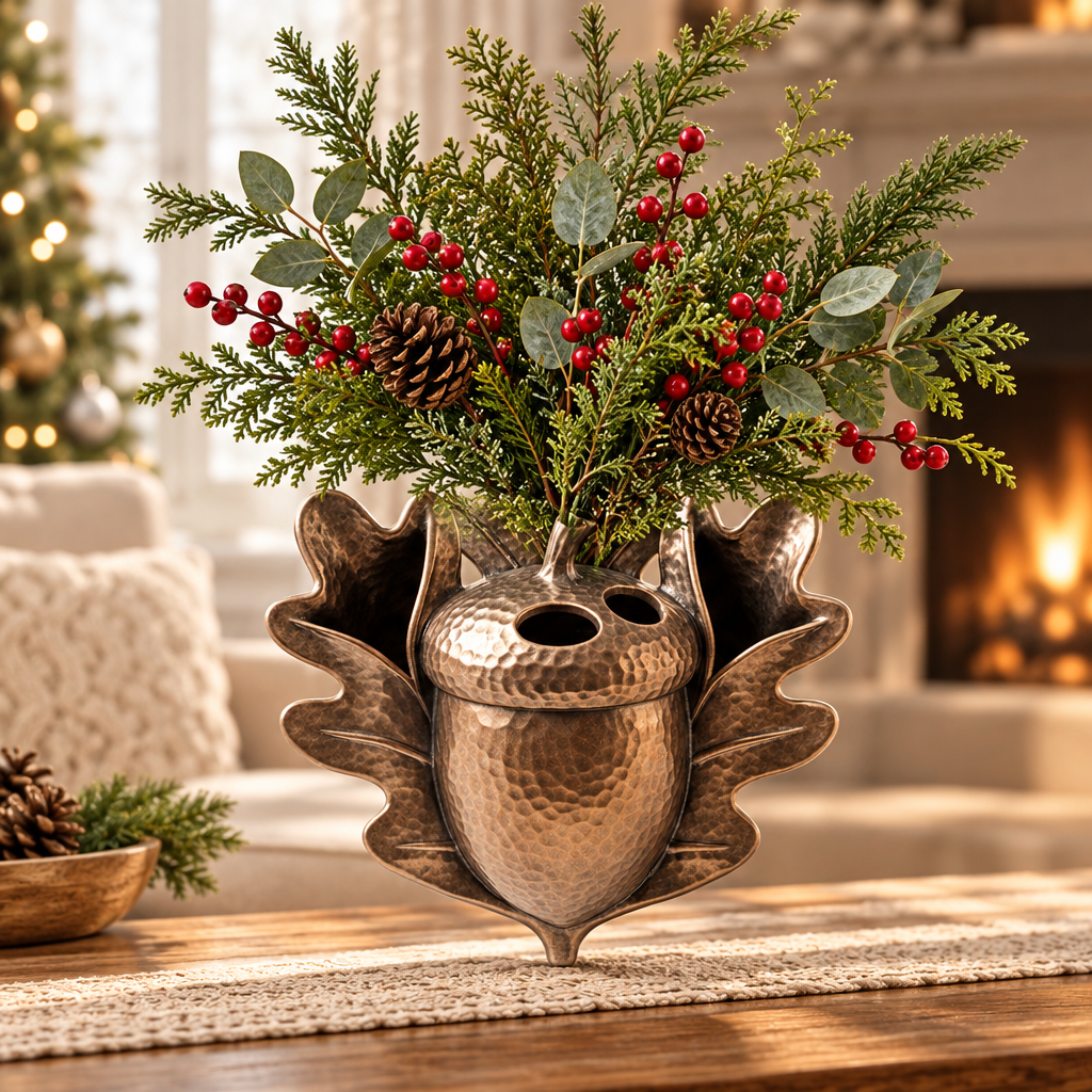 LUMIDED® acorn oak leaf Christmas vase full product view on table runner with fireplace background, filled with cedar sprigs, red holly berries and pine cones in woodland holiday arrangement