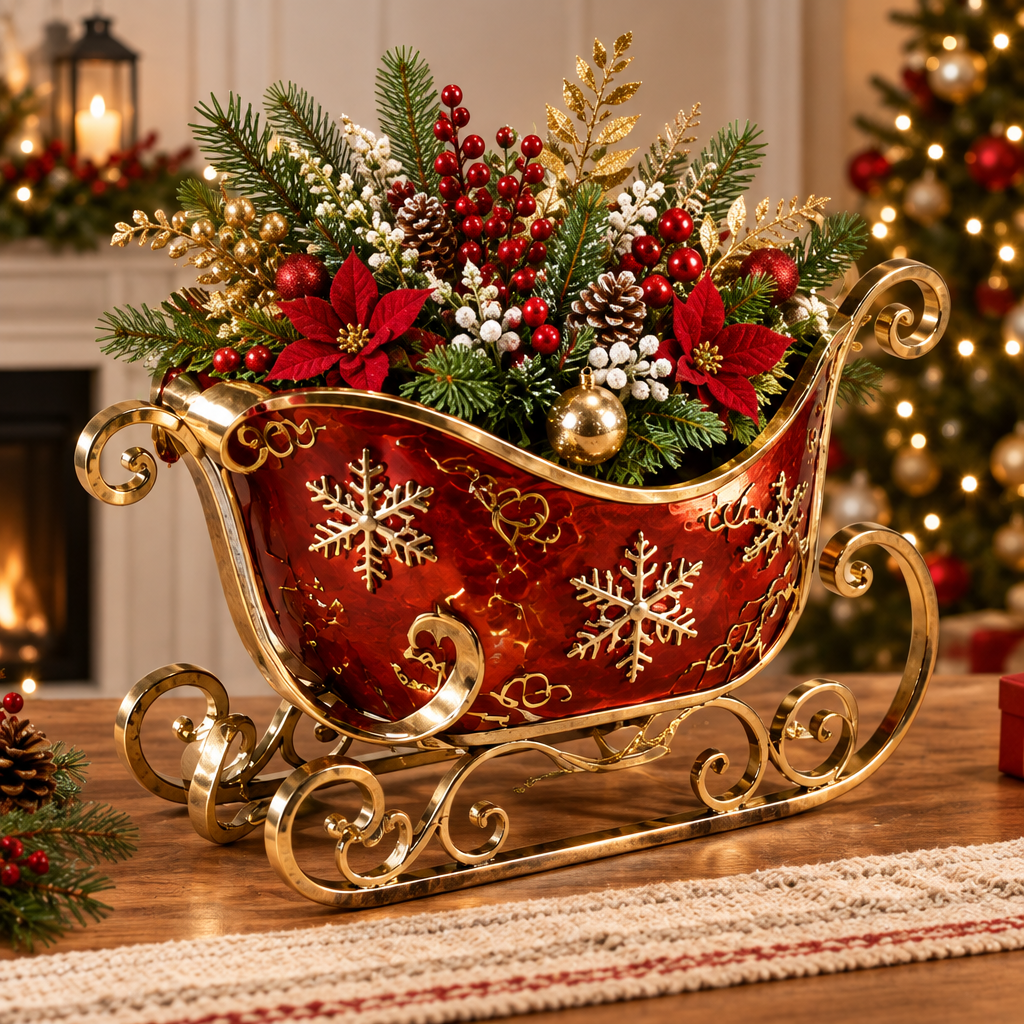 LUMIDED® red and gold Christmas sleigh planter full product view with botanical holiday arrangement, placed on table with fireplace and Christmas tree in background