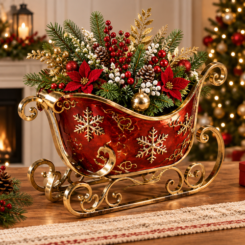 LUMIDED® red and gold Christmas sleigh planter full product view with botanical holiday arrangement, placed on table with fireplace and Christmas tree in background