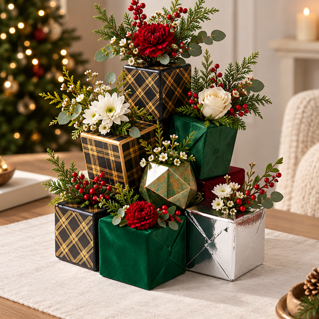 LUMIDED® Christmas gift box flower vase full collection display stacked on white table runner with Christmas tree background, showing all styles filled with carnations, white roses, daisies and red berries