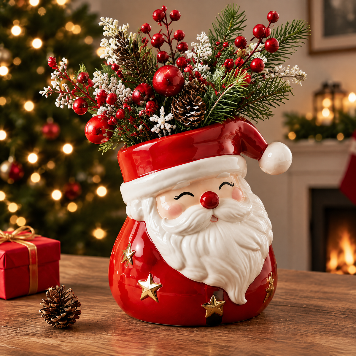 LUMIDED® Santa face Christmas ceramic vase full product view on wooden table with pine cone, filled with red berries, frosted botanicals and cedar branches, Christmas tree and fireplace in background