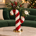 Perfect for Holiday Decor — LUMIDED® candy cane vase overhead view with lush botanicals including pine cone, red berries and white rose, ideal for living room, dining table, office and entryway