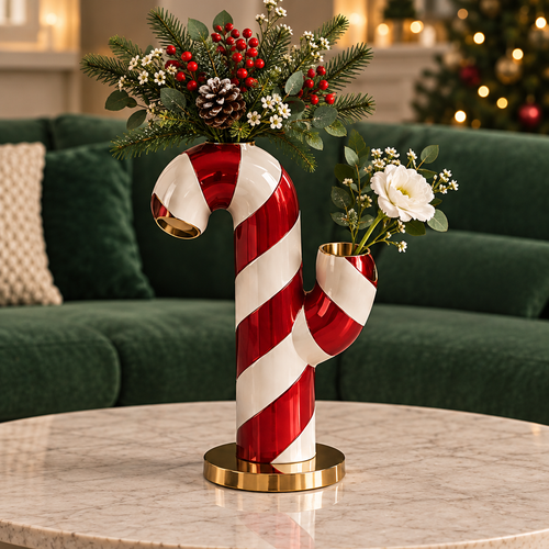 Perfect for Holiday Decor — LUMIDED® candy cane vase overhead view with lush botanicals including pine cone, red berries and white rose, ideal for living room, dining table, office and entryway