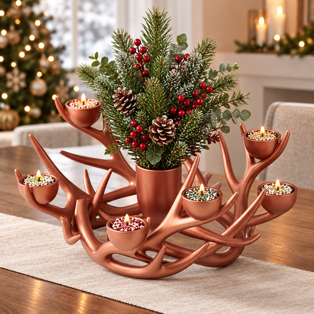 LUMIDED resin antler Christmas centerpiece top view with candles and greenery