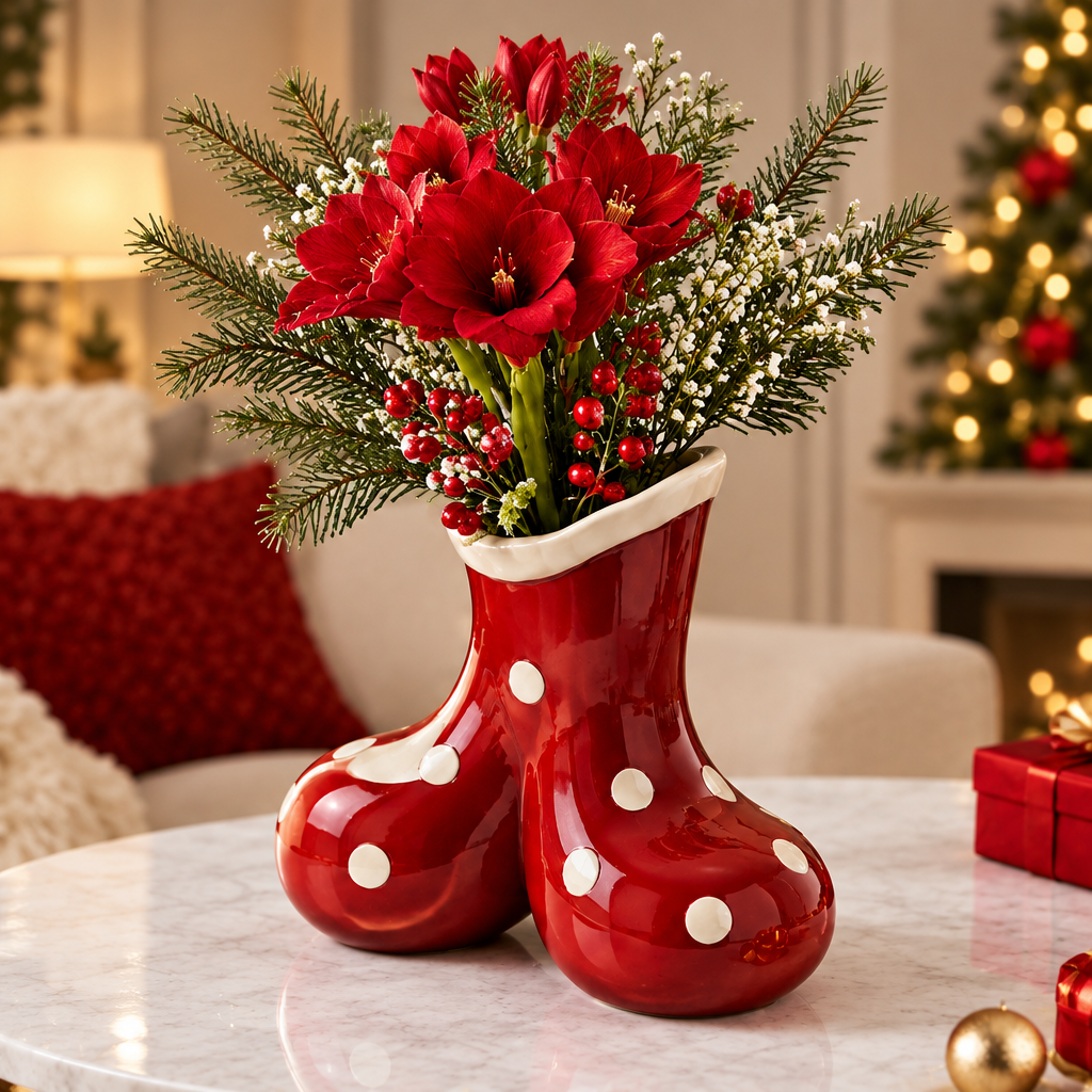 LUMIDED® double santa boots Christmas ceramic vase full product view on marble table with Christmas tree and sofa background, filled with red amaryllis, white baby's breath, red berries and pine sprigs in full festive arrangement