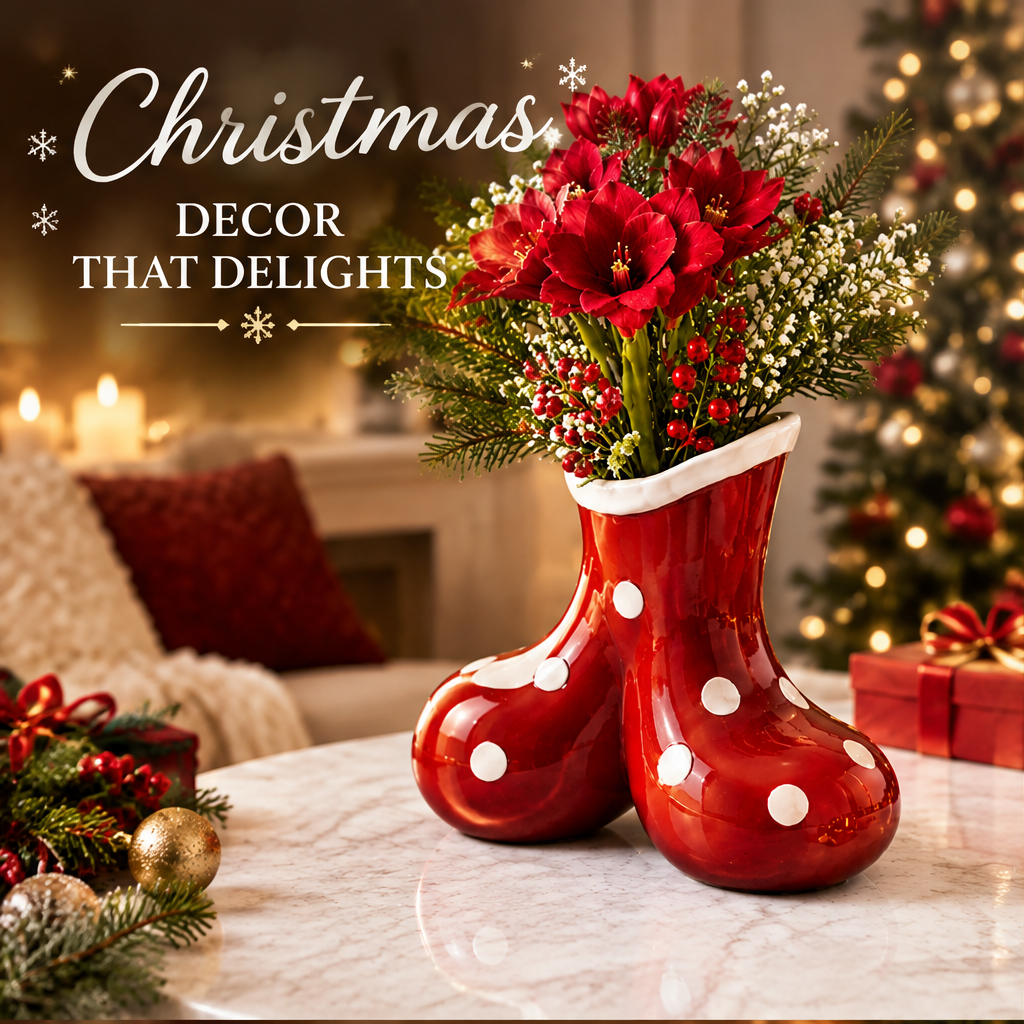 LUMIDED® double santa boots ceramic Christmas vase, two red polka dot boots joined together with white fur cuff opening, filled with red amaryllis, white baby's breath, red berries and pine sprigs on marble table with Christmas tree and fireplace background, text reads Christmas Decor That Delights
