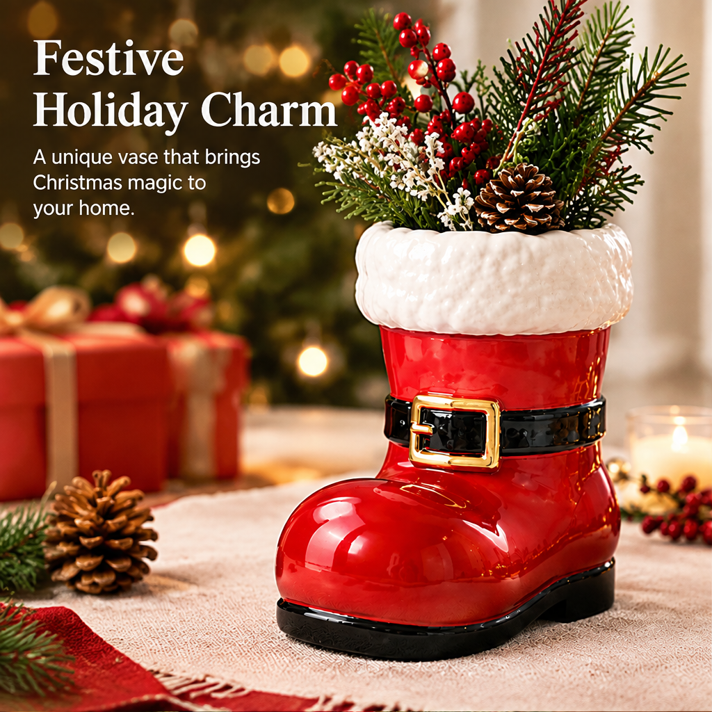 LUMIDED® Santa boot ceramic Christmas vase in glossy red with white textured fur cuff, black belt and gold buckle, filled with red berries, white wax flowers and pine cone arrangement, displayed on table with Christmas gifts and tree in background