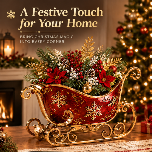 LUMIDED® red and gold Christmas sleigh planter filled with poinsettias, pine cones, red berries, white blooms and gold-tipped branches, displayed on table by fireplace with Christmas tree in background
