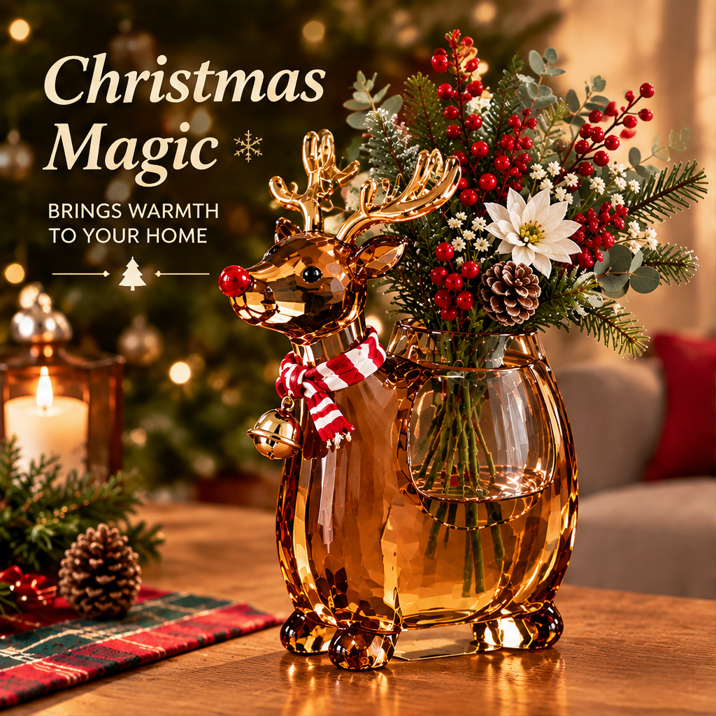 LUMIDED® Rudolph reindeer amber resin Christmas vase with gold antlers, red nose, red and white striped scarf with gold jingle bells, filled with white poinsettia, red berries, pine cone and eucalyptus arrangement, displayed on wooden table with Christmas tree in background