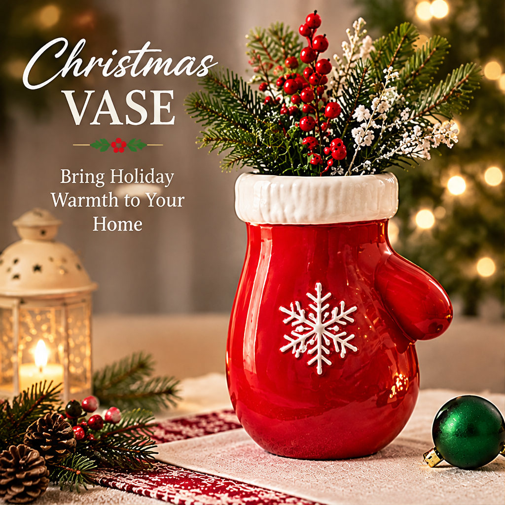 LUMIDED® Christmas mitten ceramic vase in glossy red with white ribbed knit cuff opening and raised white snowflake emblem, filled with red berries, white wax flowers and pine sprigs, displayed on festive table runner with lantern and Christmas tree background, text reads Christmas Vase Bring Holiday Warmth to Your Home