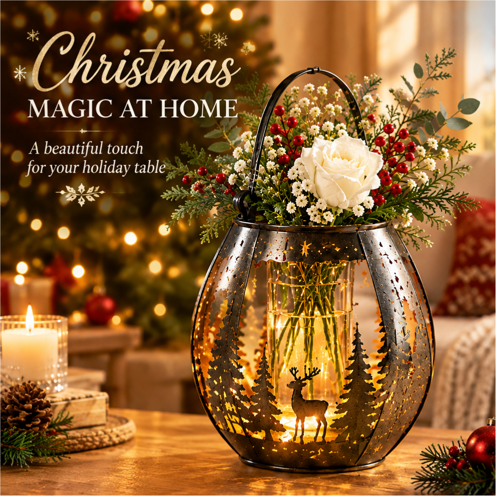LUMIDED® forest deer metal cutout lantern vase with carry handle, glowing from within, filled with white rose, red berries, white blooms and pine branches, displayed on wooden table in cosy Christmas living room