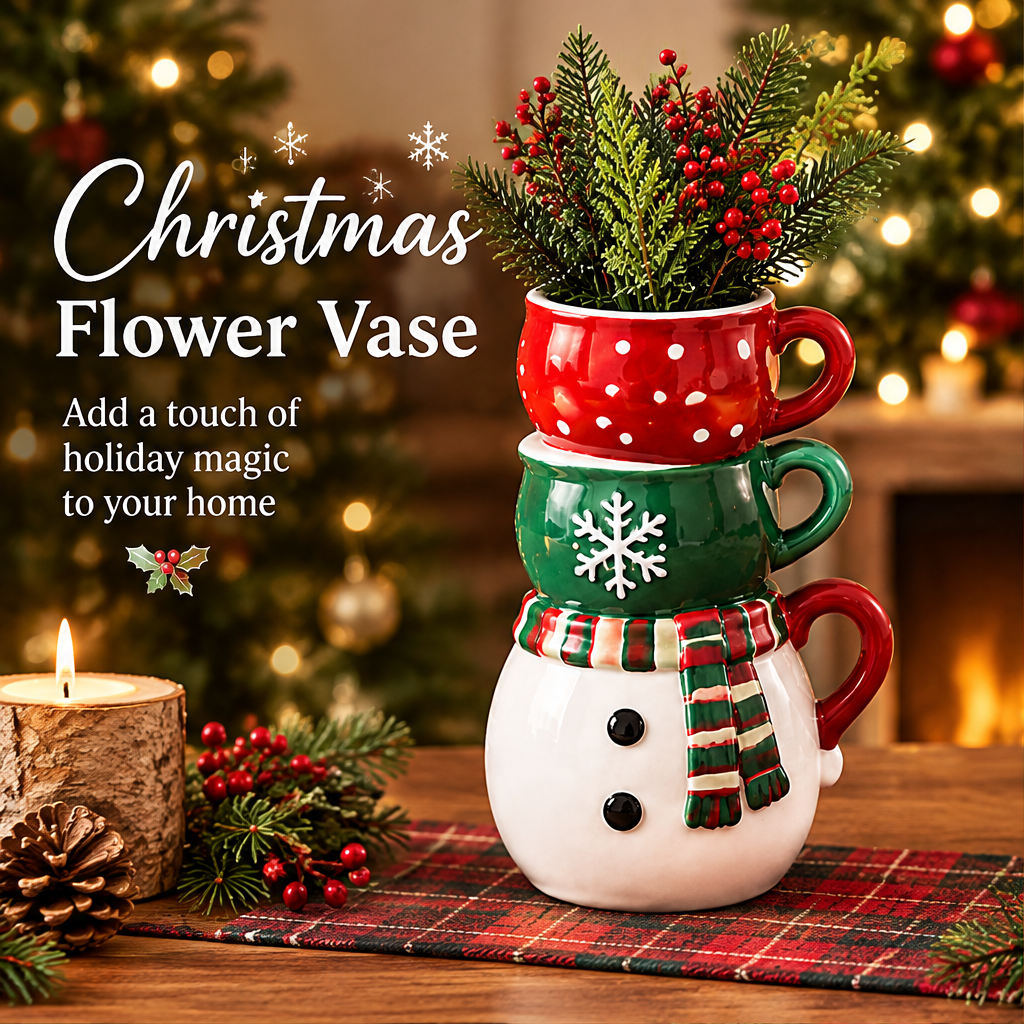 LUMIDED® snowman stacked mugs ceramic Christmas vase, three mugs stacked to form a snowman, white round snowman body base with black button eyes and red-green tartan scarf, green mug middle with white snowflake emblem, red polka dot top mug holding pine and red berry arrangement, plaid table runner with candle and pine cone, text reads Christmas Flower Vase Add a touch of holiday magic to your home