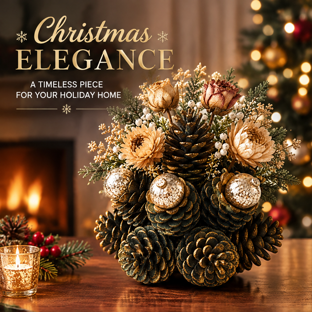 LUMIDED® pine cone ball Christmas centerpiece with gold-tipped pine cones, cream and blush florals, white berry sprigs, mercury ball ornaments and pine branches, displayed on wooden table by fireplace with Christmas tree in background