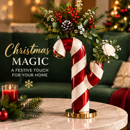 Premium Metal Craftsmanship — LUMIDED® candy cane vase close-up showing smooth red and white finish with gold-rimmed openings, durable and sturdy, smooth finish, high-end metal material, rust-resistant