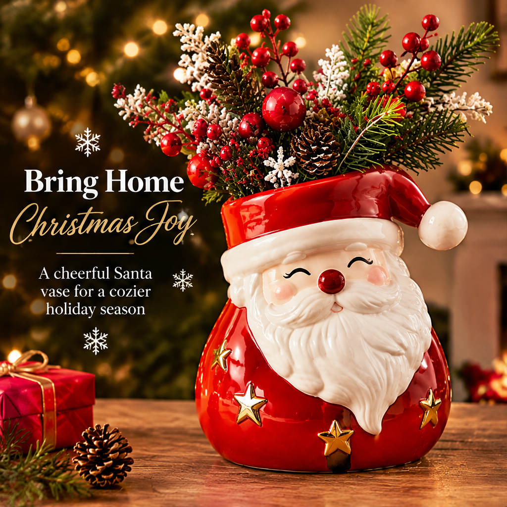 LUMIDED® Santa face ceramic Christmas vase with cheerful winking expression, red hat with white pompom, white beard, rosy cheeks and gold star embellishments on red body, filled with red berries, frosted pine cone and cedar arrangement, displayed on wooden table with Christmas tree and fireplace background