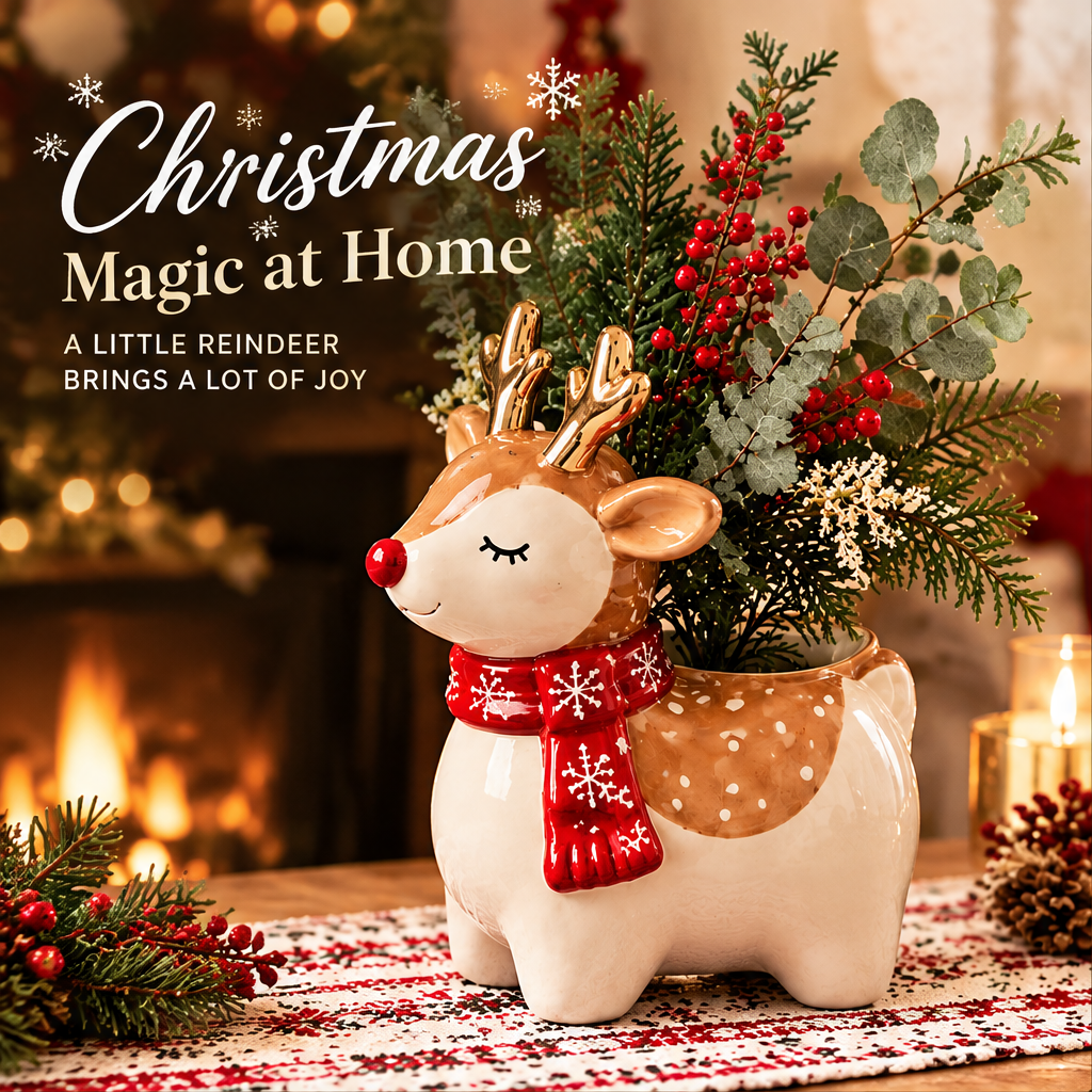 LUMIDED® baby reindeer ceramic Christmas vase with white round body, caramel spotted back, gold antlers, red nose, closed eyes and red snowflake scarf, filled with red berries, cedar and eucalyptus arrangement on festive table runner with fireplace background