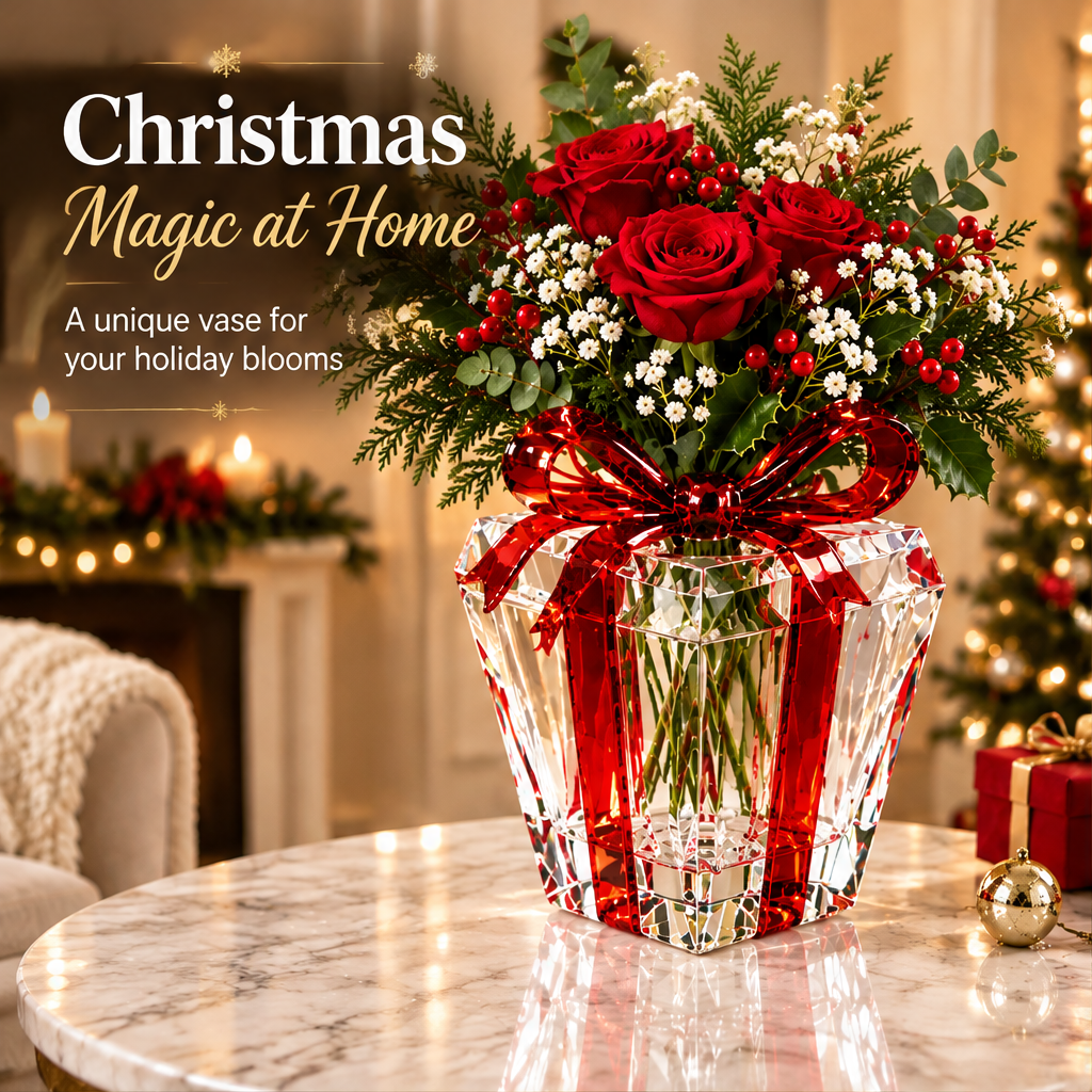 LUMIDED® crystal clear gift box vase with red satin ribbon bow, filled with red roses, red berries, white baby's breath and pine branches, displayed on marble table in Christmas living room setting