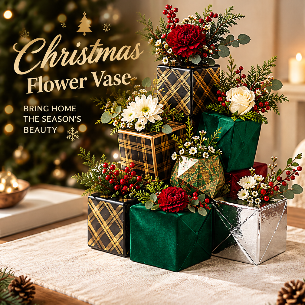 LUMIDED® Christmas gift box flower vases stacked in pyramid display showing all styles — black tartan, green velvet, silver foil, gold geometric and red — each filled with festive flower and botanical arrangements on dining table with Christmas tree background