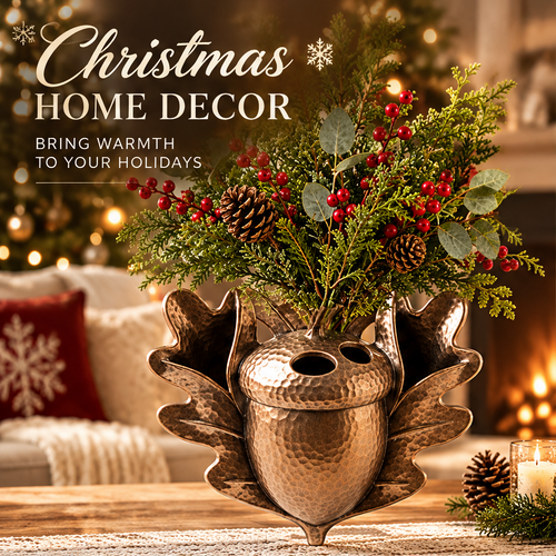 LUMIDED® acorn oak leaf antique bronze hammered resin Christmas vase filled with cedar branches, red berries, pine cones and eucalyptus, displayed on table with fireplace and Christmas tree in background