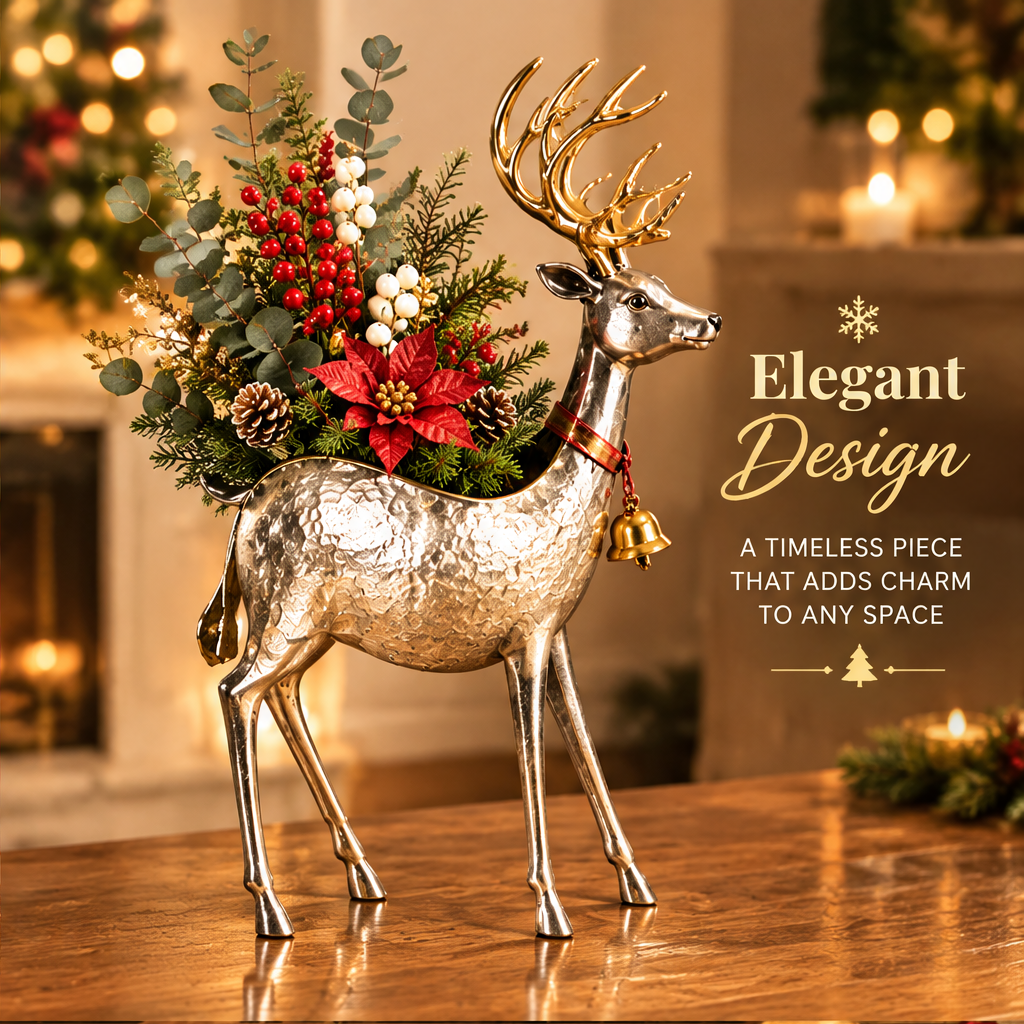 Elegant Design — LUMIDED® Christmas reindeer planter, a timeless piece that adds charm to any space, with lush holiday botanicals