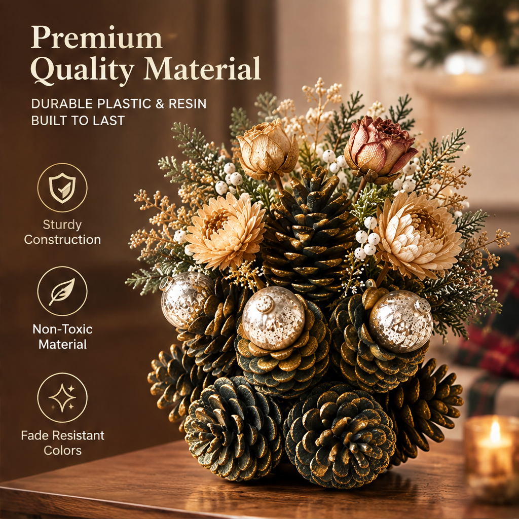 Premium Quality Material — LUMIDED® pine cone ball centerpiece showing sturdy construction, non-toxic material and fade resistant colors, made from durable plastic and resin built to last