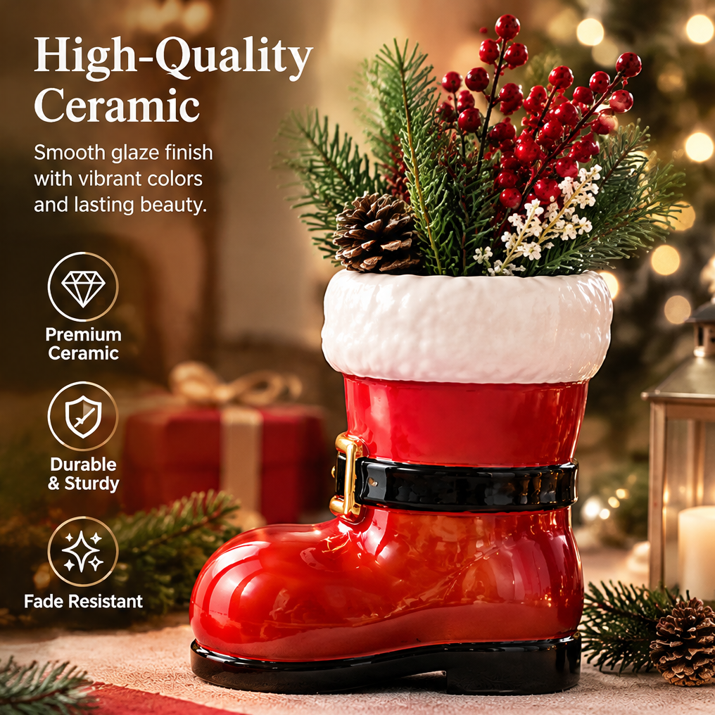 High-Quality Ceramic — LUMIDED® Santa boot vase showing smooth glaze finish with vibrant red color, white fur cuff and gold buckle detail, premium ceramic, durable and sturdy, fade resistant