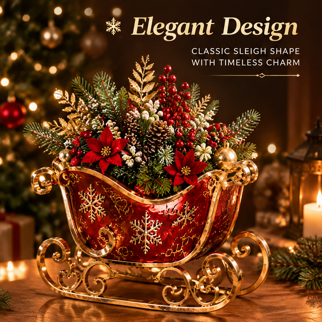 Elegant Design — LUMIDED® Christmas sleigh planter showing classic sleigh shape with timeless charm, gold snowflake embossed red body and scrolled gold runners