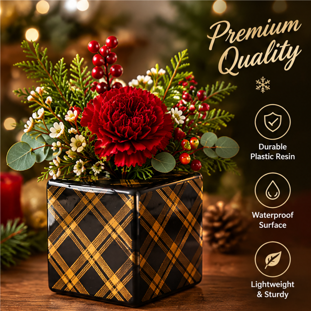 Premium Quality — LUMIDED® Christmas gift box vase in black and gold tartan pattern, filled with red carnation, red berries, white wax flowers and eucalyptus, showing durable plastic resin, waterproof surface and lightweight sturdy construction