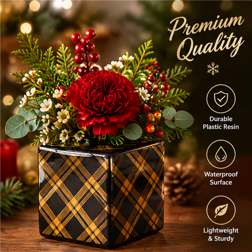 Premium Quality — LUMIDED® Christmas gift box vase in black and gold tartan pattern, filled with red carnation, red berries, white wax flowers and eucalyptus, showing durable plastic resin, waterproof surface and lightweight sturdy construction