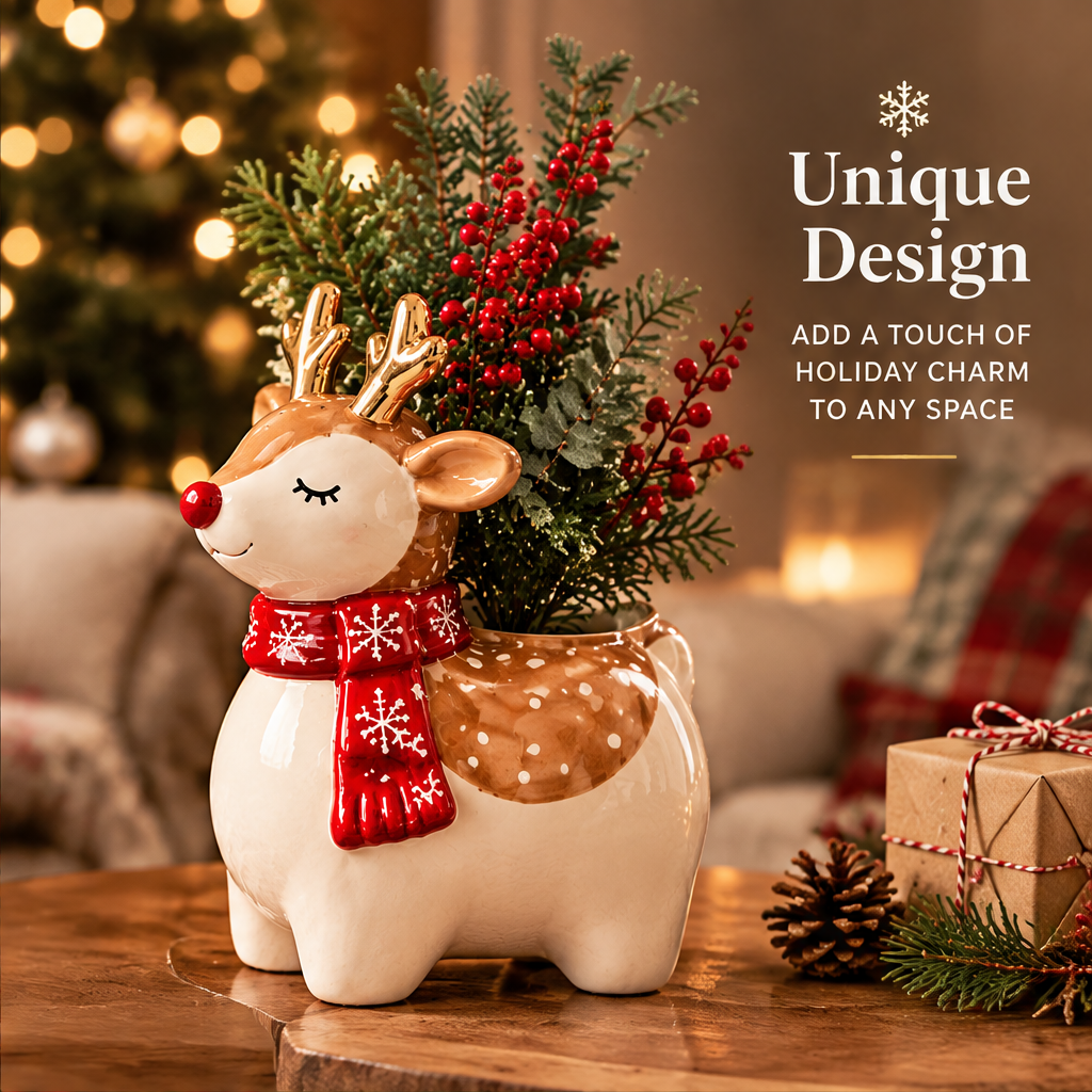 Unique Design — LUMIDED® baby reindeer ceramic vase showing unique reindeer character design with gold antlers, red nose, snowflake scarf and spotted caramel glaze body, add a touch of holiday charm to any space