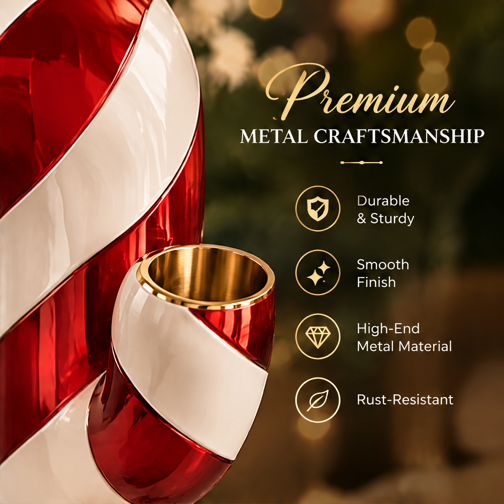 LUMIDED® red and white striped candy cane shaped dual vase with gold base, filled with pine branches, red berries, pine cone and white blooms, displayed on marble table against green velvet sofa