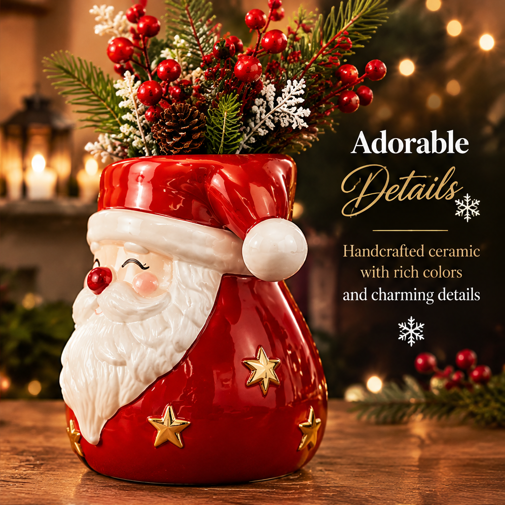 Adorable Details — LUMIDED® Santa face ceramic vase close-up showing handcrafted detail of red Santa hat with white pompom, winking eyes, rosy cheeks, red nose, white beard and gold star accents, handcrafted ceramic with rich colors and charming details