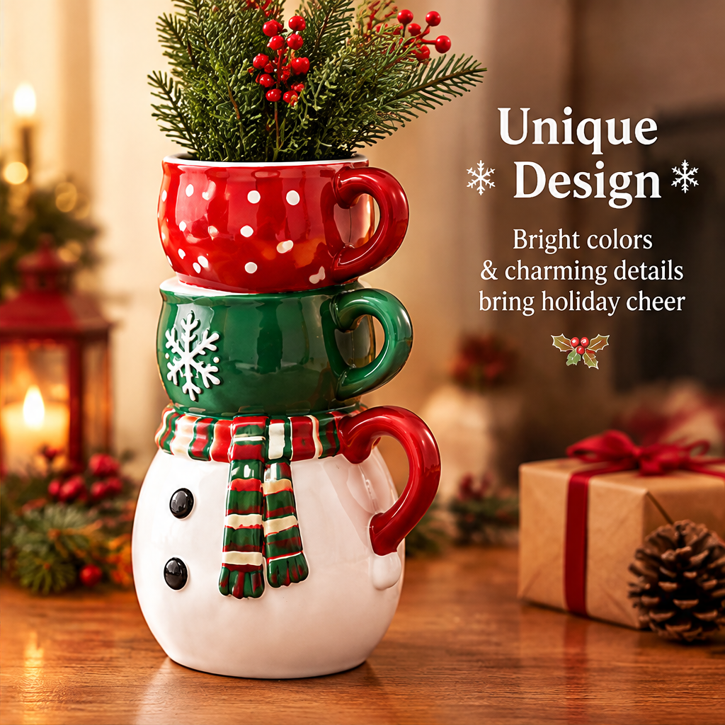 Unique Design — LUMIDED® snowman stacked mugs ceramic vase showing bright red polka dot top mug, green snowflake middle mug and white snowman base mug with tartan scarf, handles on each mug, unique design with bright colors and charming details that bring holiday cheer