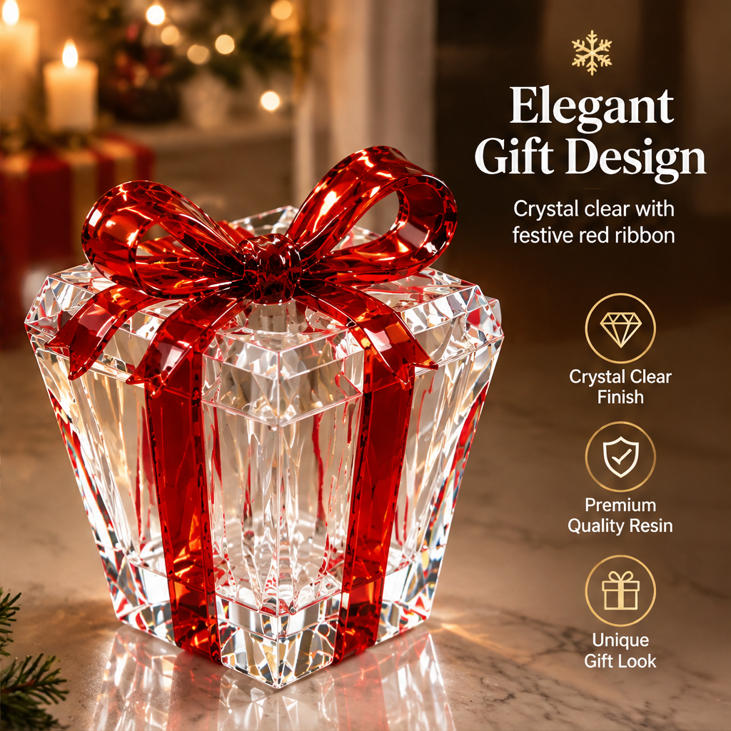 Elegant Gift Design — LUMIDED® crystal gift box vase showing crystal clear finish, premium quality resin construction and unique gift look with glossy red ribbon and bow accent