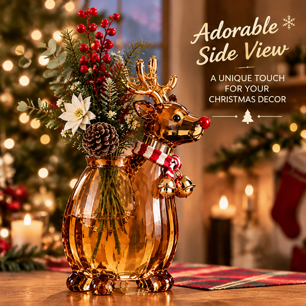 Adorable Side View — LUMIDED® reindeer Christmas vase showing side profile with gold antlers, red nose, candy cane striped scarf and gold jingle bell, a unique touch for your Christmas decor