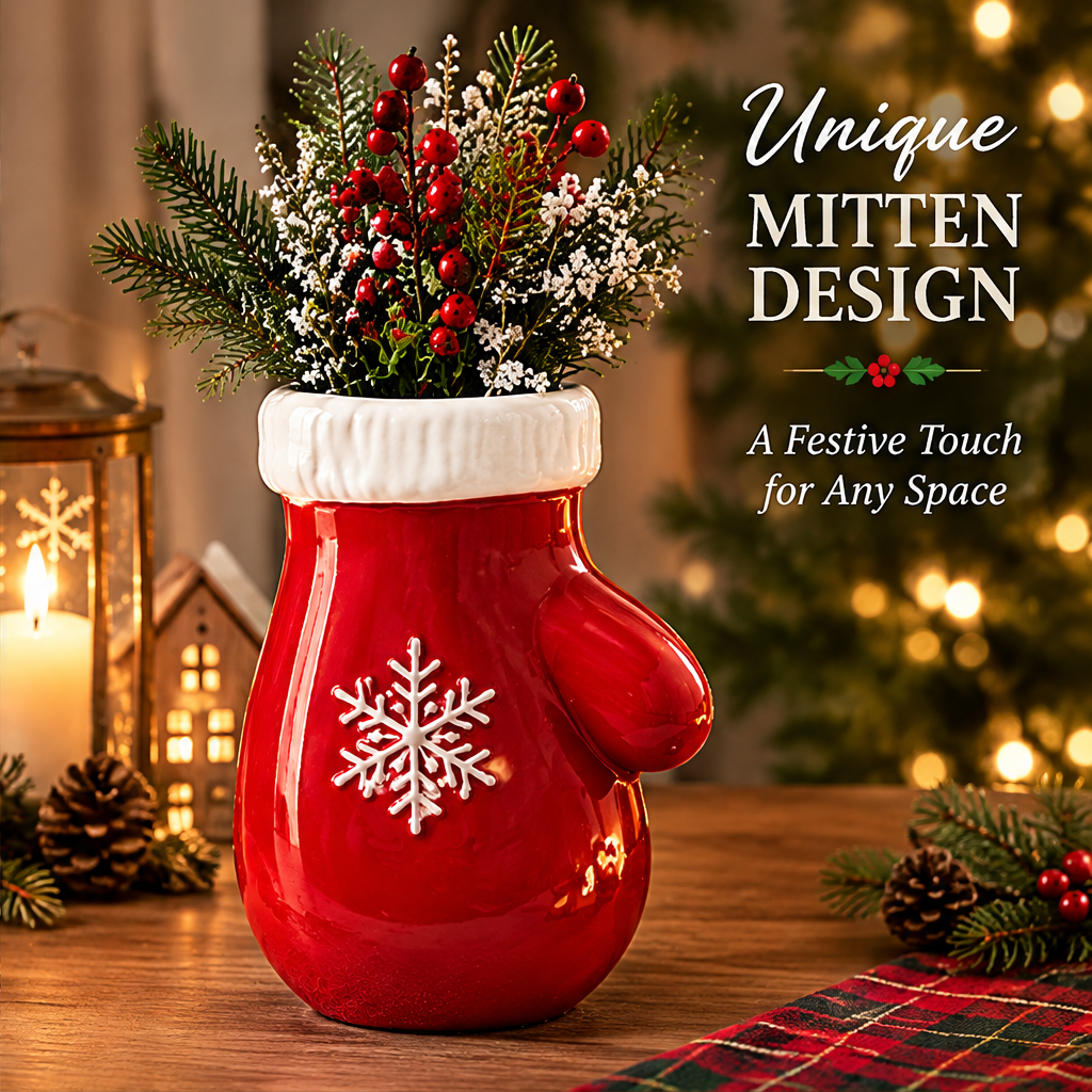 Unique Mitten Design — LUMIDED® Christmas mitten ceramic vase showing full mitten silhouette with thumb detail, white ribbed cuff and white snowflake emblem on red glossy body, a festive touch for any space, Christmas tree and lantern background