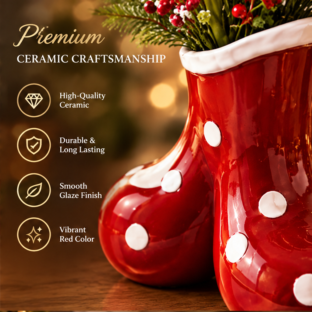 Premium Ceramic Craftsmanship — LUMIDED® double santa boots ceramic vase close-up showing vibrant red glaze with white polka dots and white fur cuff trim detail, high-quality ceramic, durable and long lasting, smooth glaze finish, vibrant red color