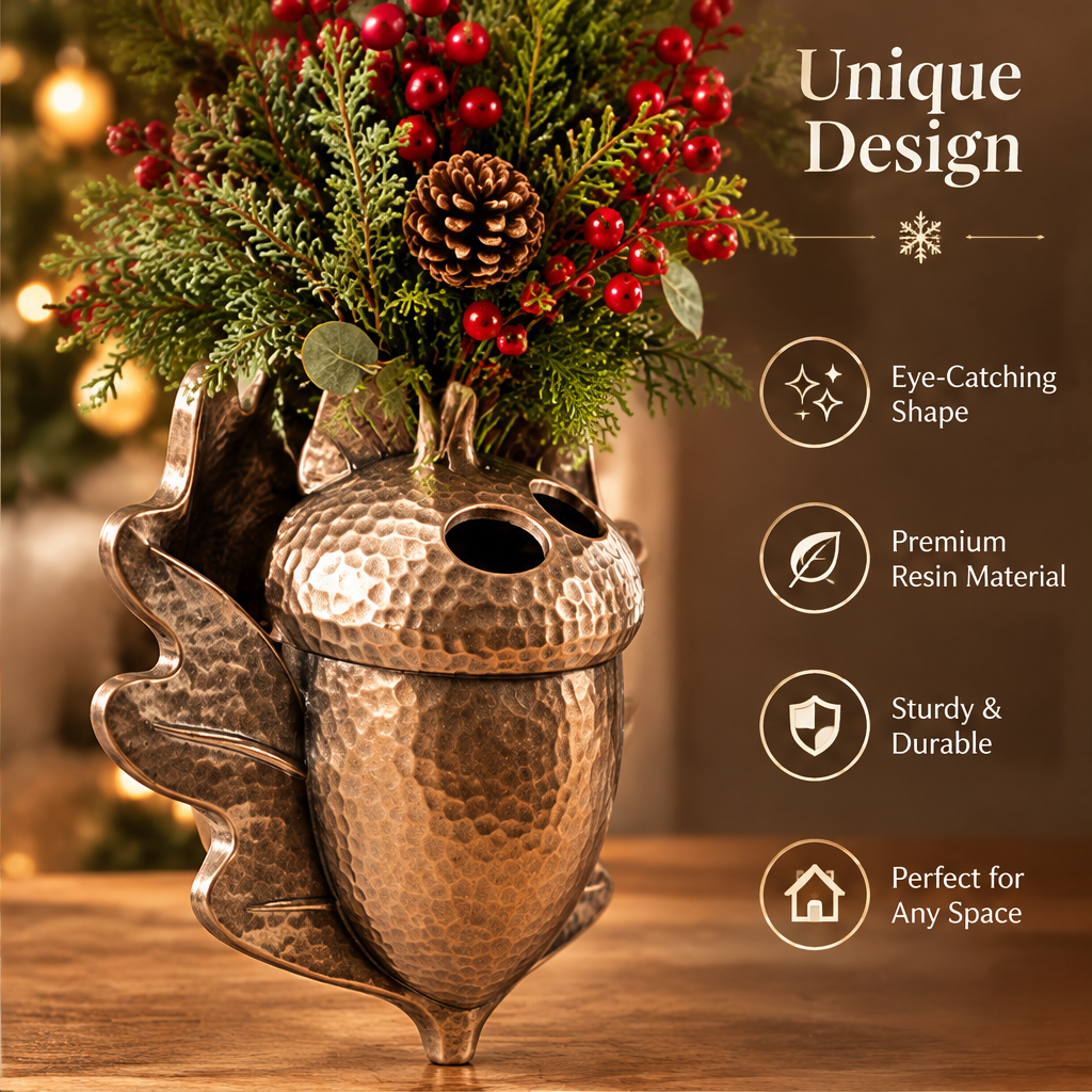 Unique Design — LUMIDED® acorn vase showing eye-catching acorn and oak leaf shape, premium resin material, sturdy and durable construction, perfect for any space