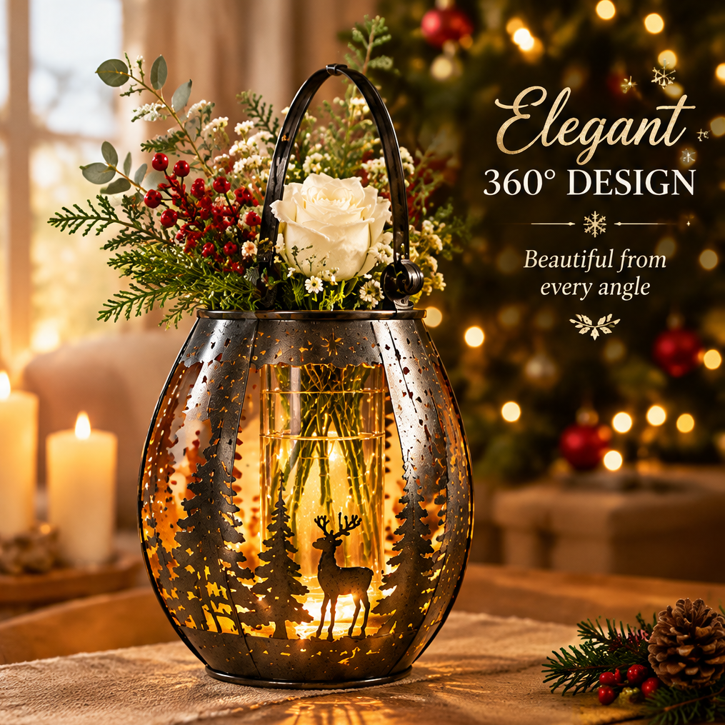 Elegant 360° Design — LUMIDED® deer lantern vase beautiful from every angle, illuminated forest and deer silhouette cutout, filled with seasonal botanical arrangement