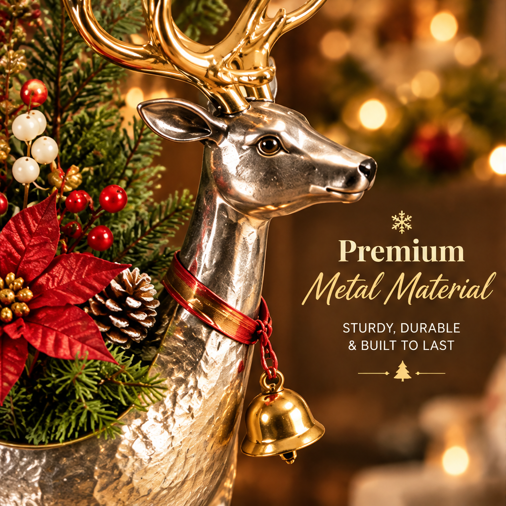 Premium Metal Material — LUMIDED® reindeer figurine close-up showing hammered silver body, gold bell charm with red ribbon, sturdy durable and built to last